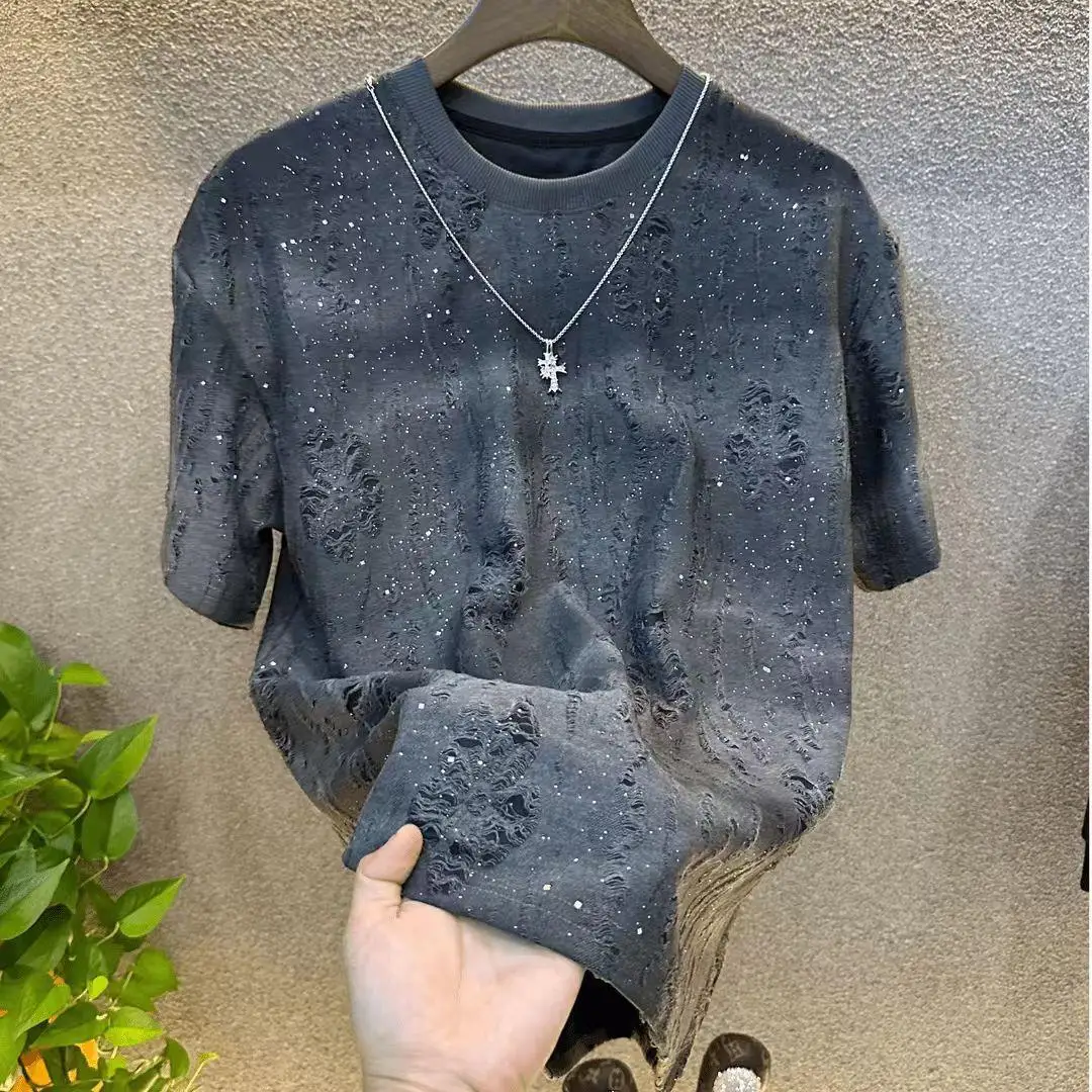 Y2K Techwear Summer New Mens Black Round Neck Short Sleeve