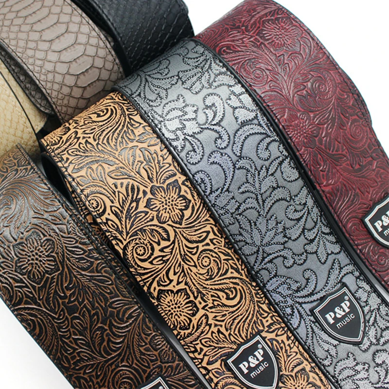 P&P 2.5 Inch Guitar Strap Genuine Leather Adjustable Soft Embroidered