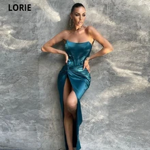 

LORIE Simple Satin Long Prom Dresses Strapless Pleat Zipper Prom Gowns Sexy Side Slit Wedding Party Dress 2022 Robes De Soirée