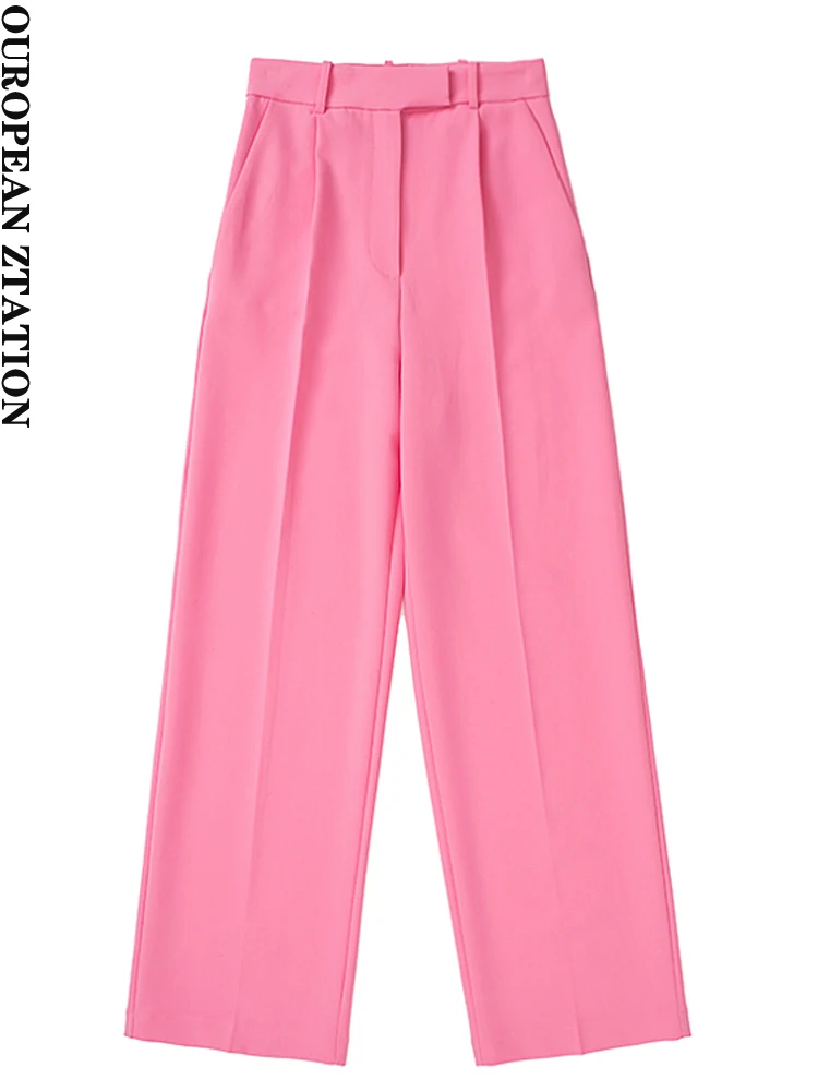 Women 2022 fashion side pockets front darts wide leg pants vintage high