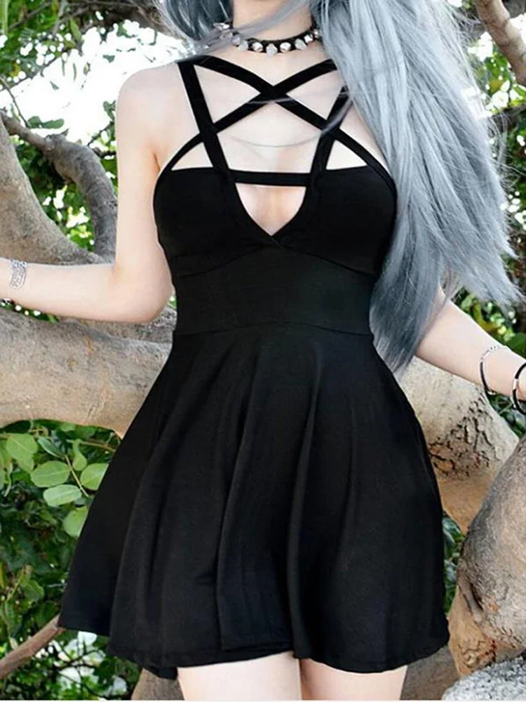 2023 New Retro Pentagram Strap Gothic Dress Women Punk Grunge Sexy A-Line Dark Summer Dresses Hot Sale Pleated Slim Street Style