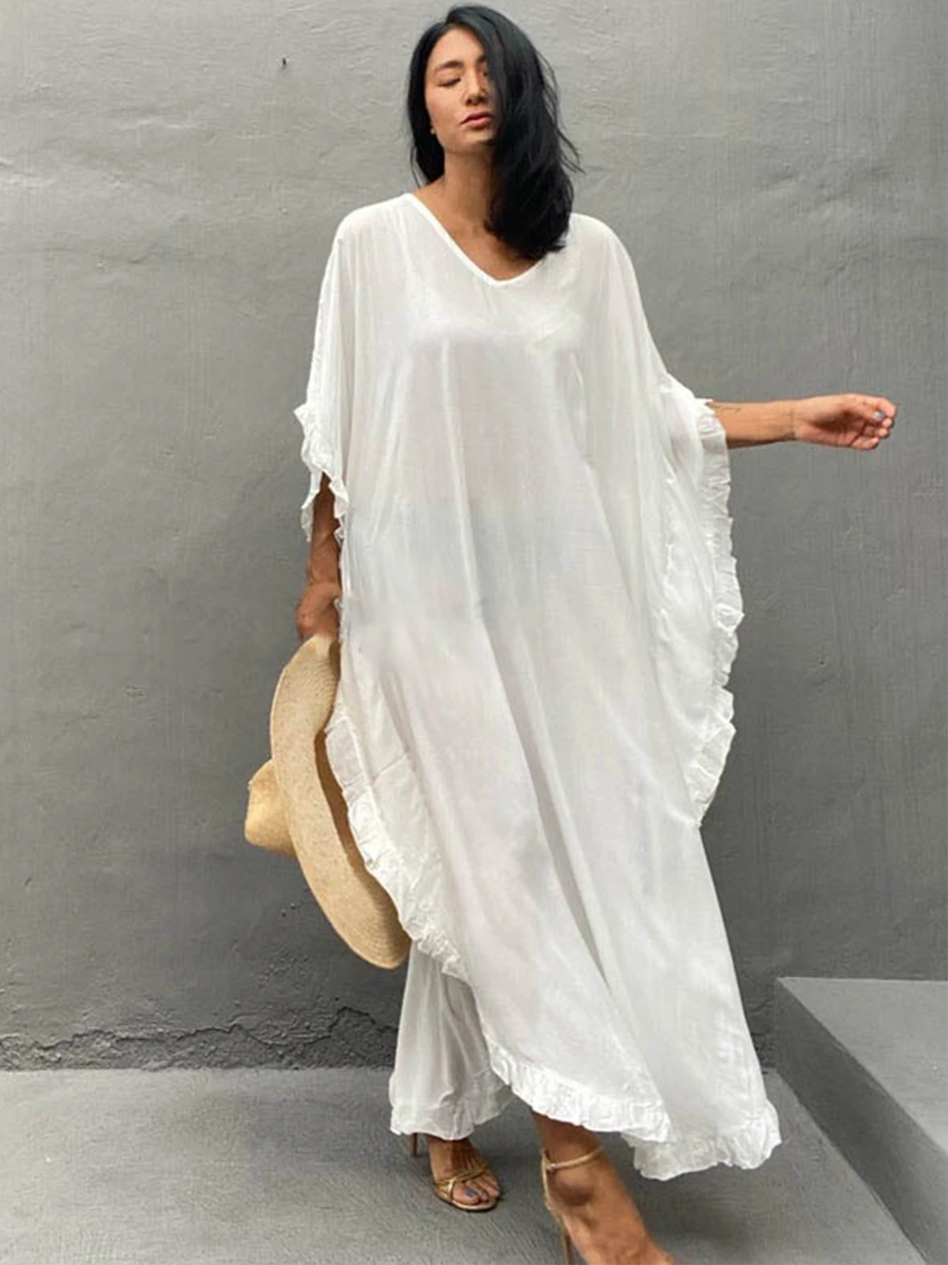 New Sexy Half Sleeves Ruffle Beach Cover Ups Women`s Swimwear 2023