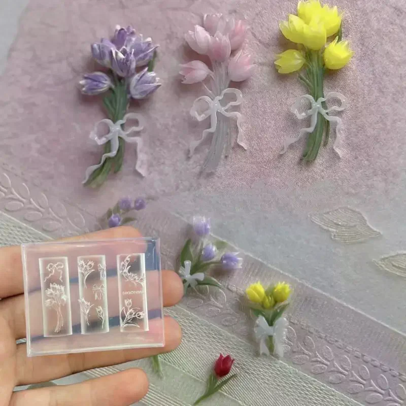 3D Transparent Silicone Nail Art Mold - Sweet Tulip Bouquet Flower Template for DIY Nail Charms & Manicure Decoration Design