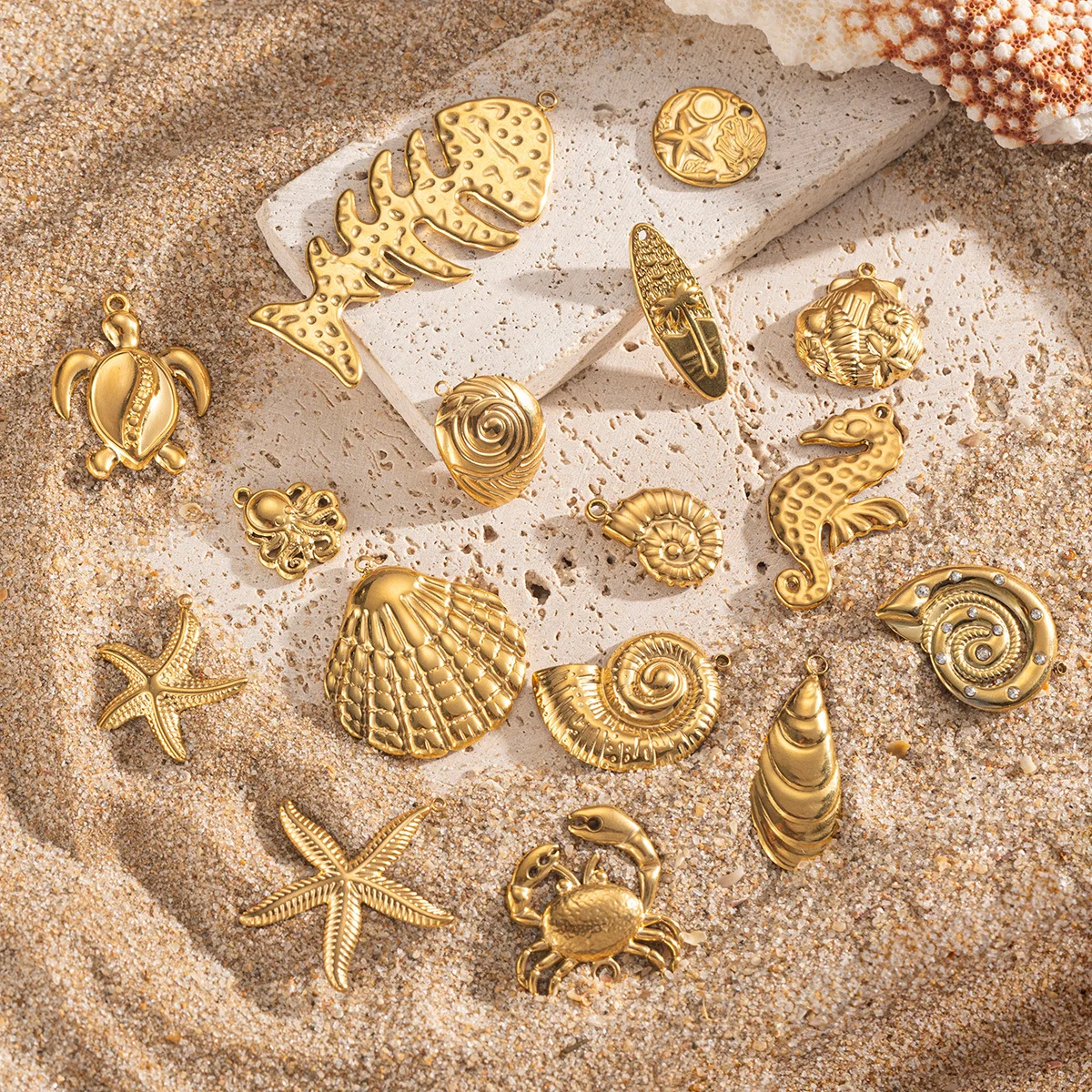 New 18K Gold Plated Ocean Animal Turtle Shell Conch Starfish Diy Charms Making Bulk Stainless Steel Charm Pendant Custom Jewelry