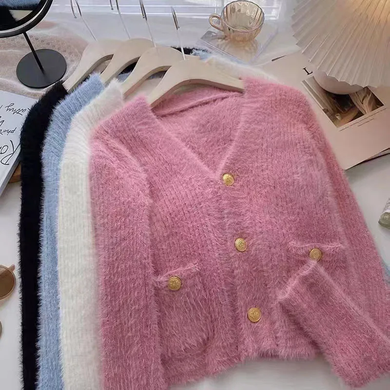 

Мохеровый свитер, кардиган, Женская весенне-осенняя Новинка 2022, Корейская версия, милый и элегантный свободный топ с V-образным вырезом и длинными рукавами