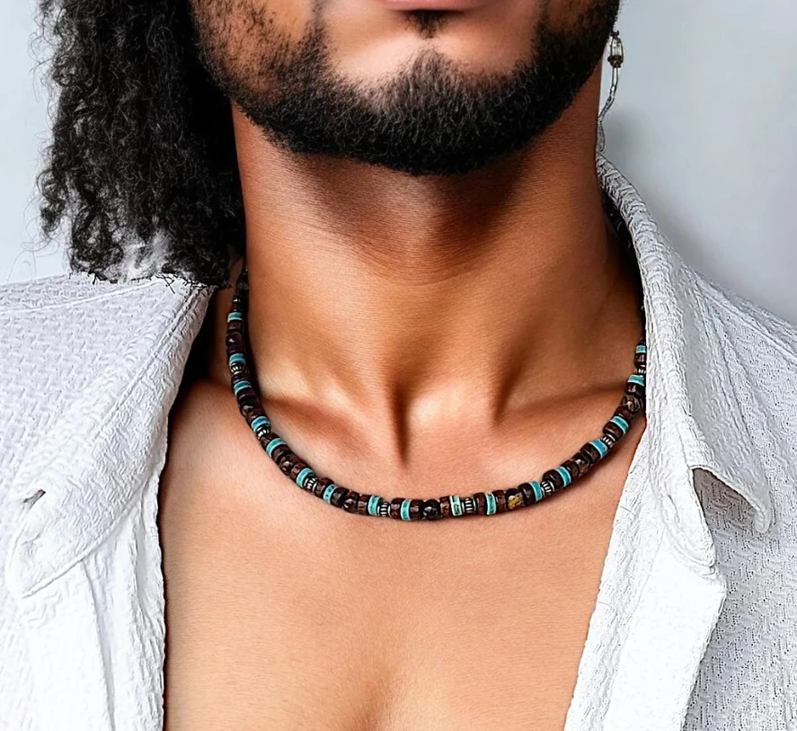 Vintage boho personality men's pine stone set necklace wood bead handmade beaded bracelet accessories 4