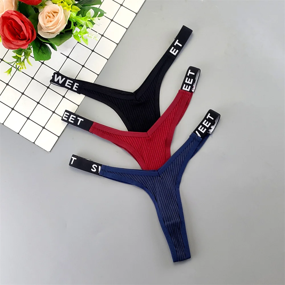 3Pcs/Set V Shape Cotton Thong Women Seamless Sexy Low Rise Letters Waistband Pantys Plus Size Female Soft G-String Underpants