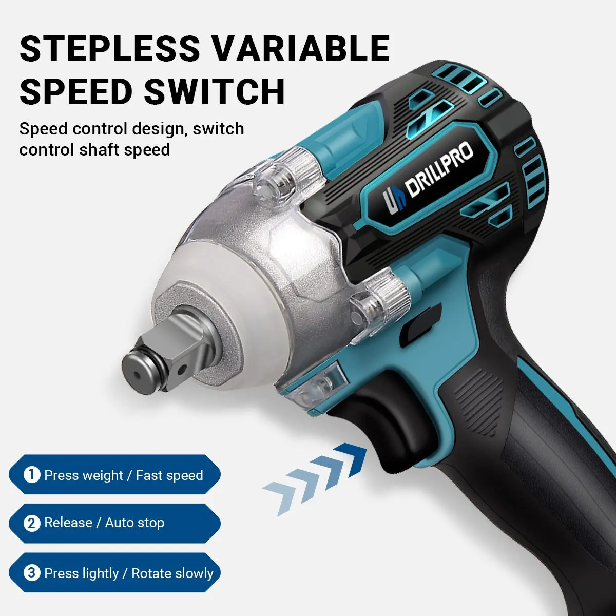 Drillpro 브러시리스 전기 임팩트 렌치, 18V 배터리용 무선 렌치 전동 공구, 1/2 인치 리튬 이온 배터리, 520N.M