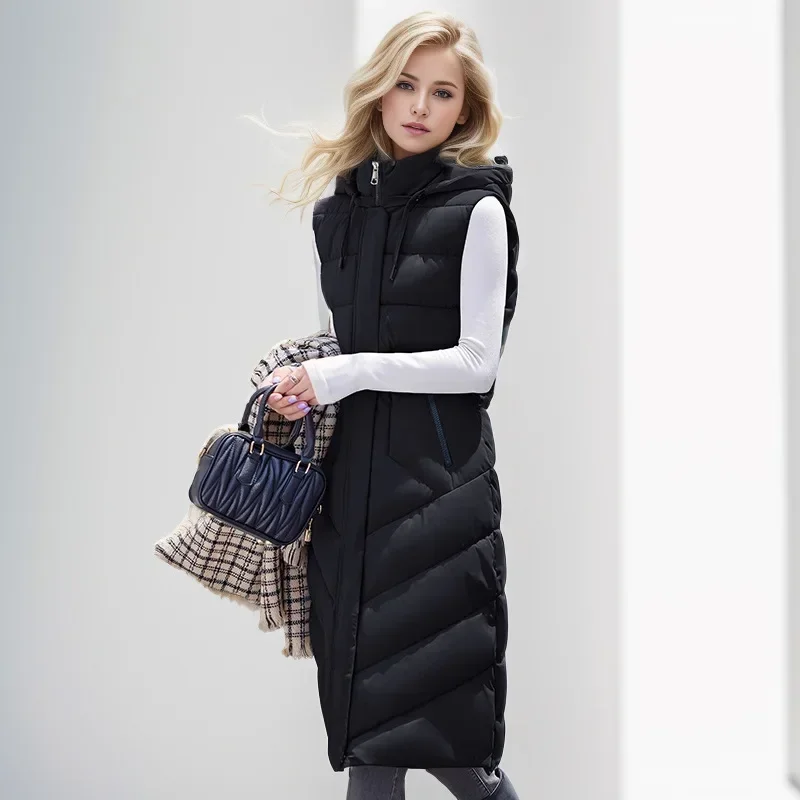 Fashion Winter Long Vest Woman Outerwears Hooded Elegant Thick Warm Winter Jackets Coat Female Sleeveless Down Cotton Parka women sleeveless vest