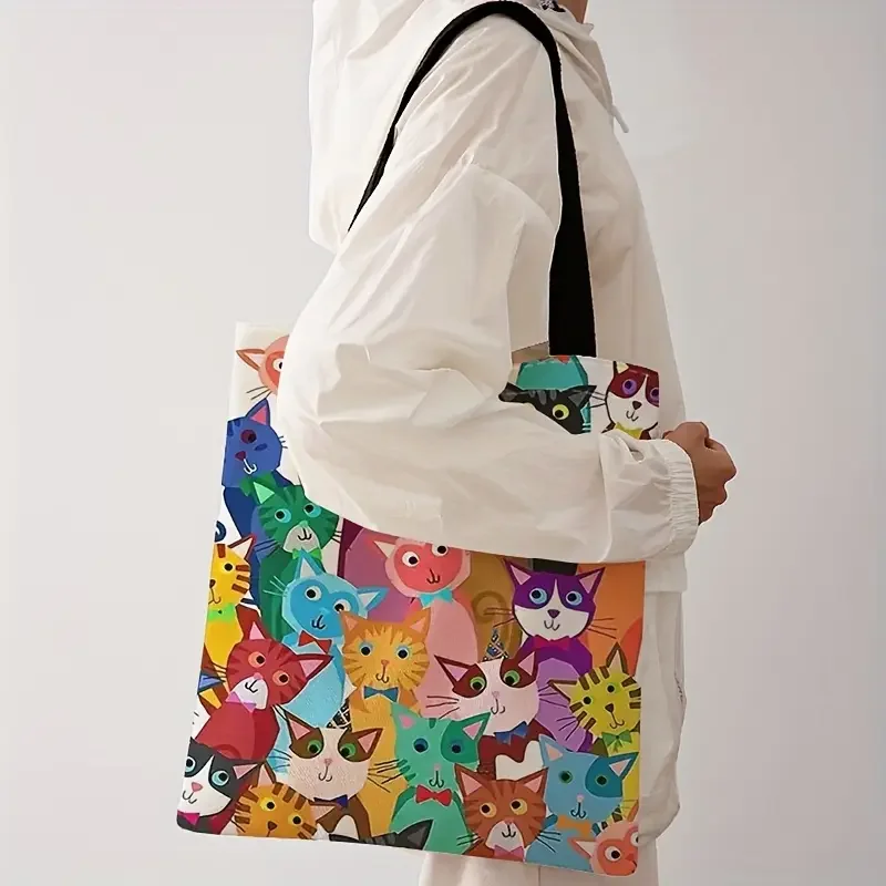 Colorful kitten pattern printed casual handbag, reusable fashionable backpack, multifunctional handbag, canvas shopping bag