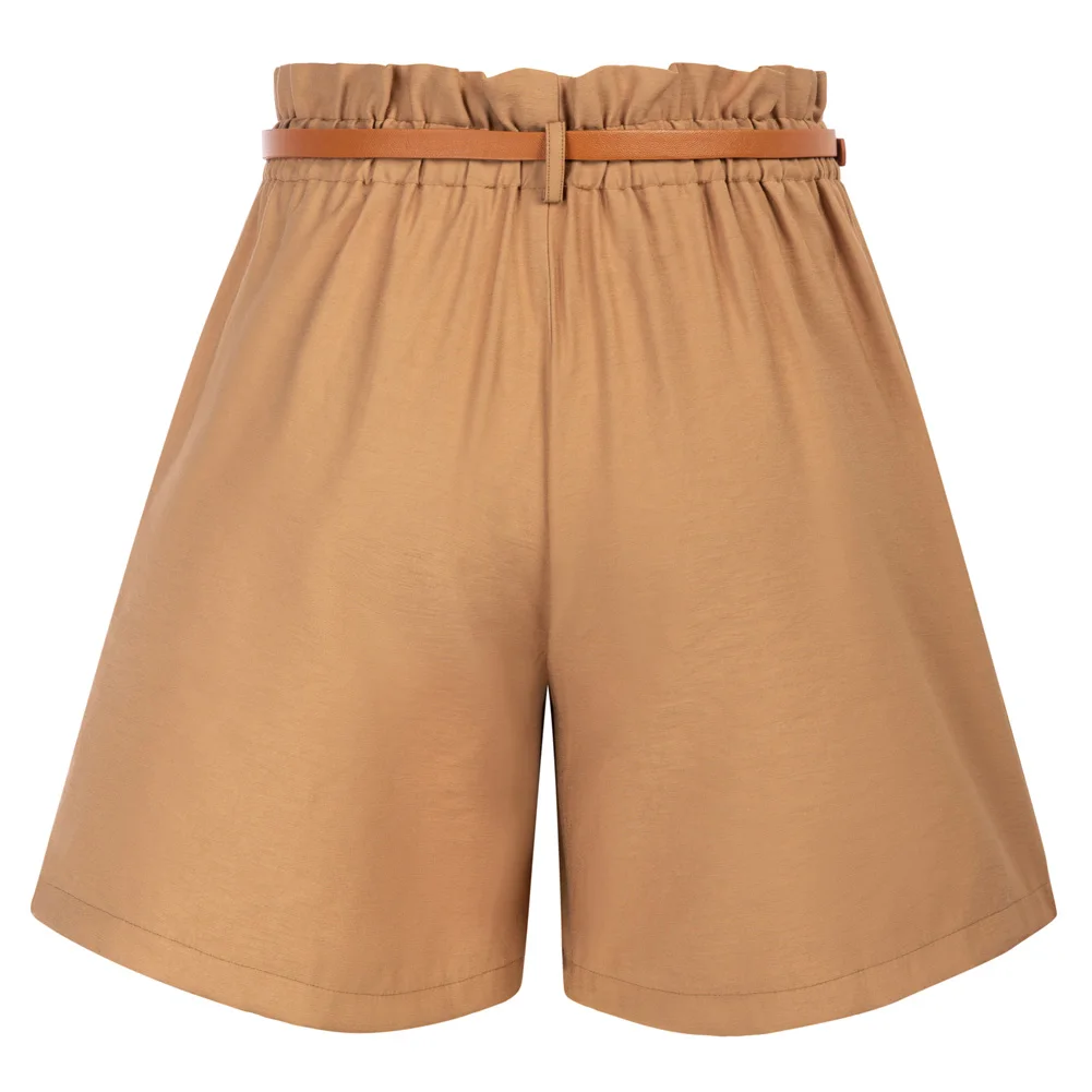 Belle Poque Women Vintage High Waist Wide Leg Shorts With Belt Summer Beach Shorts With Pockets & Belts Pleated Front Short Pant