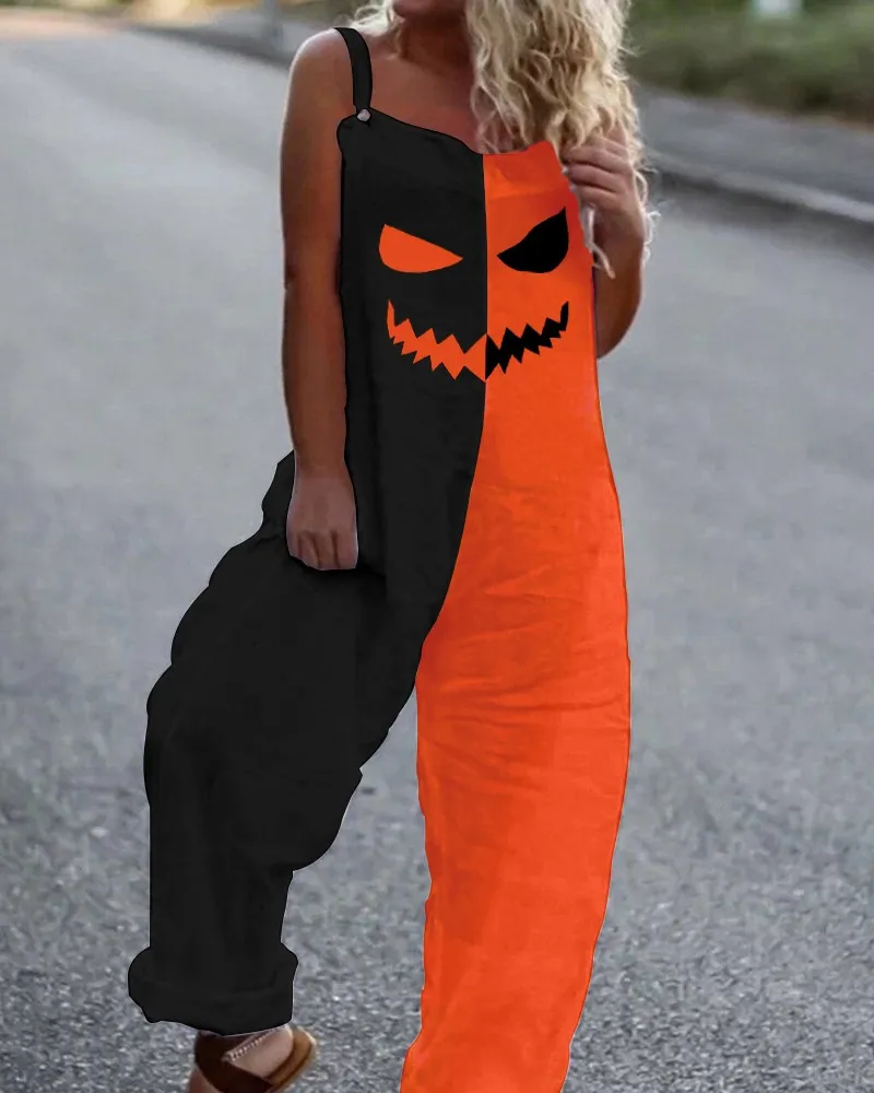 

2023 Spring New Fashion Halloween Printed Sleeveless Casual Strap Jumpsuit