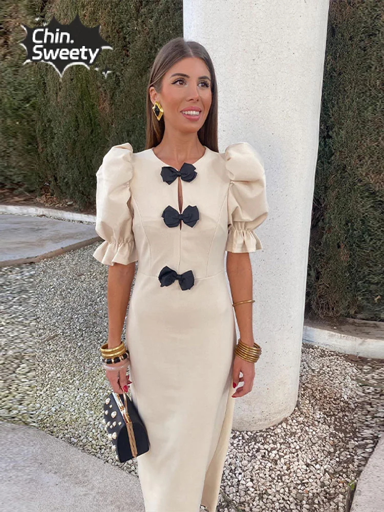 우아한 퍼프 소매 슬림 롱 드레스 여성용 패션 활 O넥 반팔 맥시 원피스, 여름 숙녀 휴가 파티 베스티도 