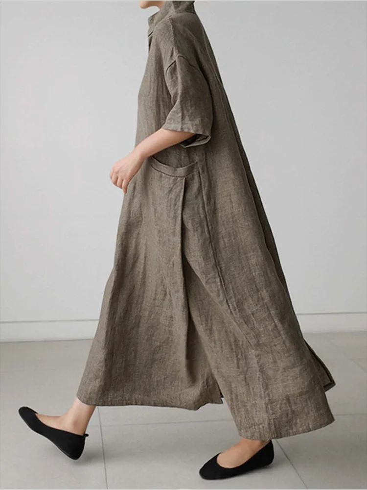 

Women's Cotton Hemp Dress V-neck Solid Vintage Loose Plus Size A Large Pocket Long Knee Length Dress Women