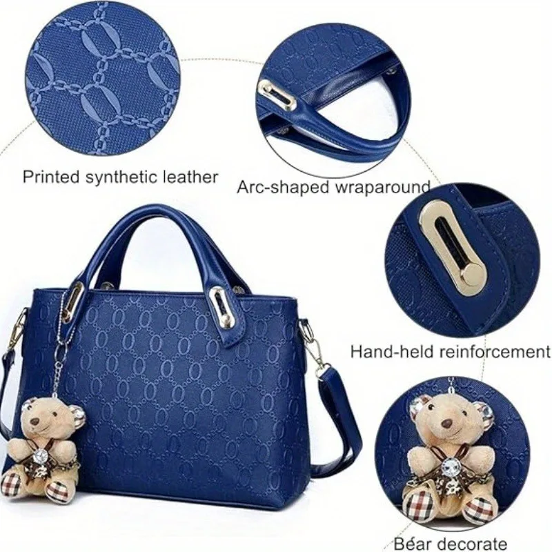 Set di 4 Borse da Donna alla Moda con Stampa in Rilievo, Borsa a Tracolla in PU, Portafoglio e Borsetta con Ciondolo a Forma di Orso, Borse per Uso Quotidiano - immagine 4
