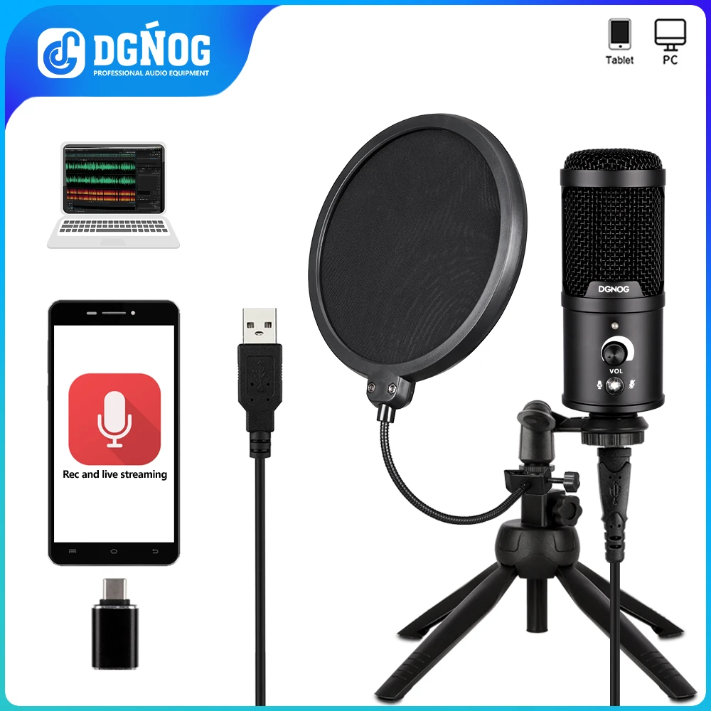 DGNOG   USB Microphone with Mut Button, Professional Compression, Suitable for PC Games ,   Studio Recording and Streaming Media