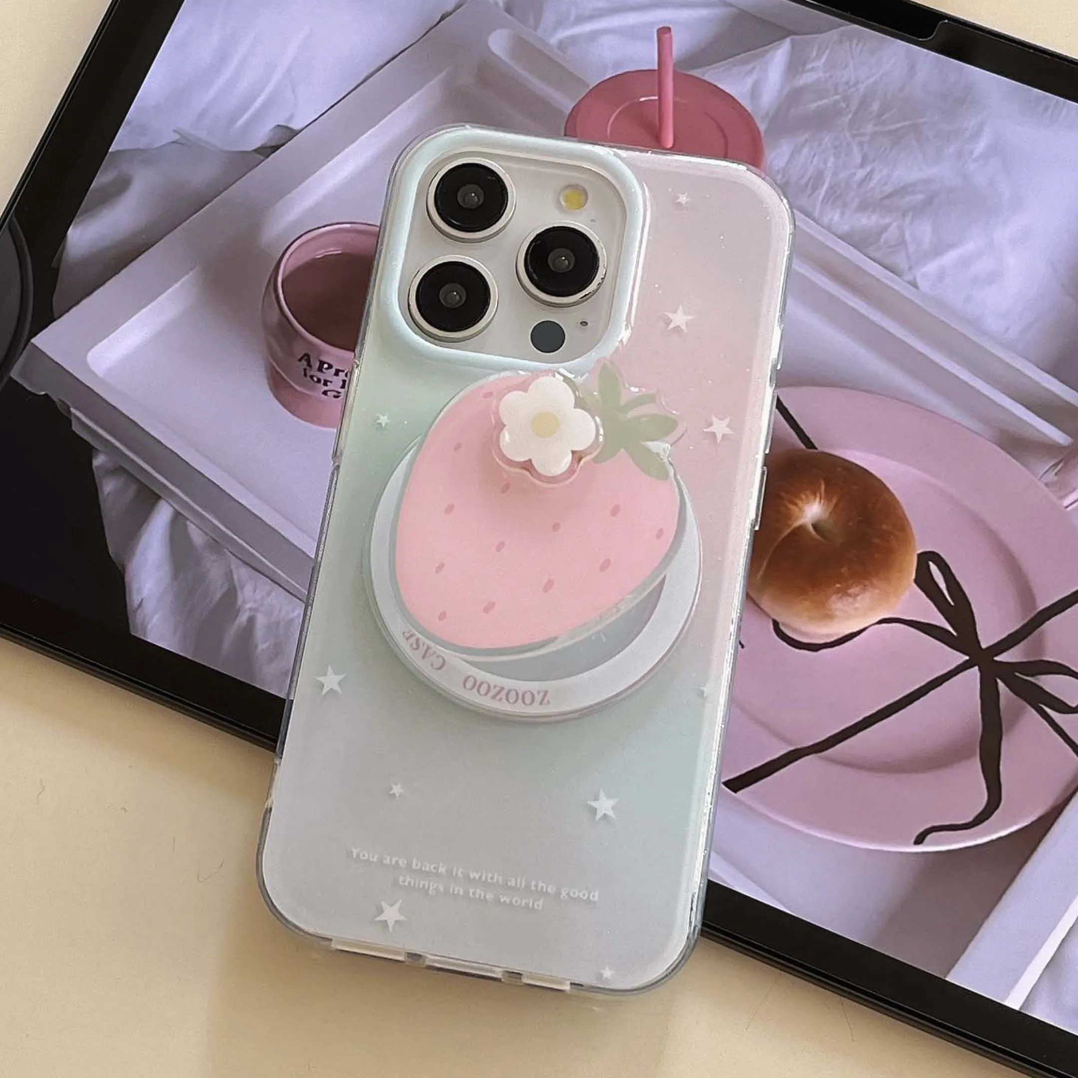 Gradient Shell Magnetic Stand Holder with Cartoon Strawberry Design - Cute Flower and Star Phone Case