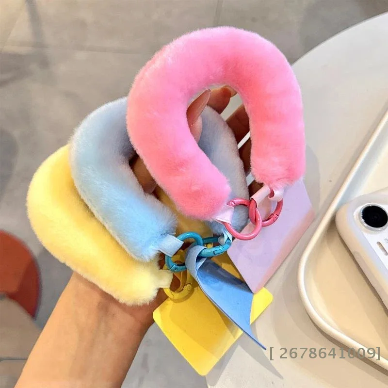 ♥ 귀여운 단색 인조 퍼 손목 끈 ? 휴대폰 및 가방용 멀티 컬러 키체인 팔찌 | 〔YY33〕