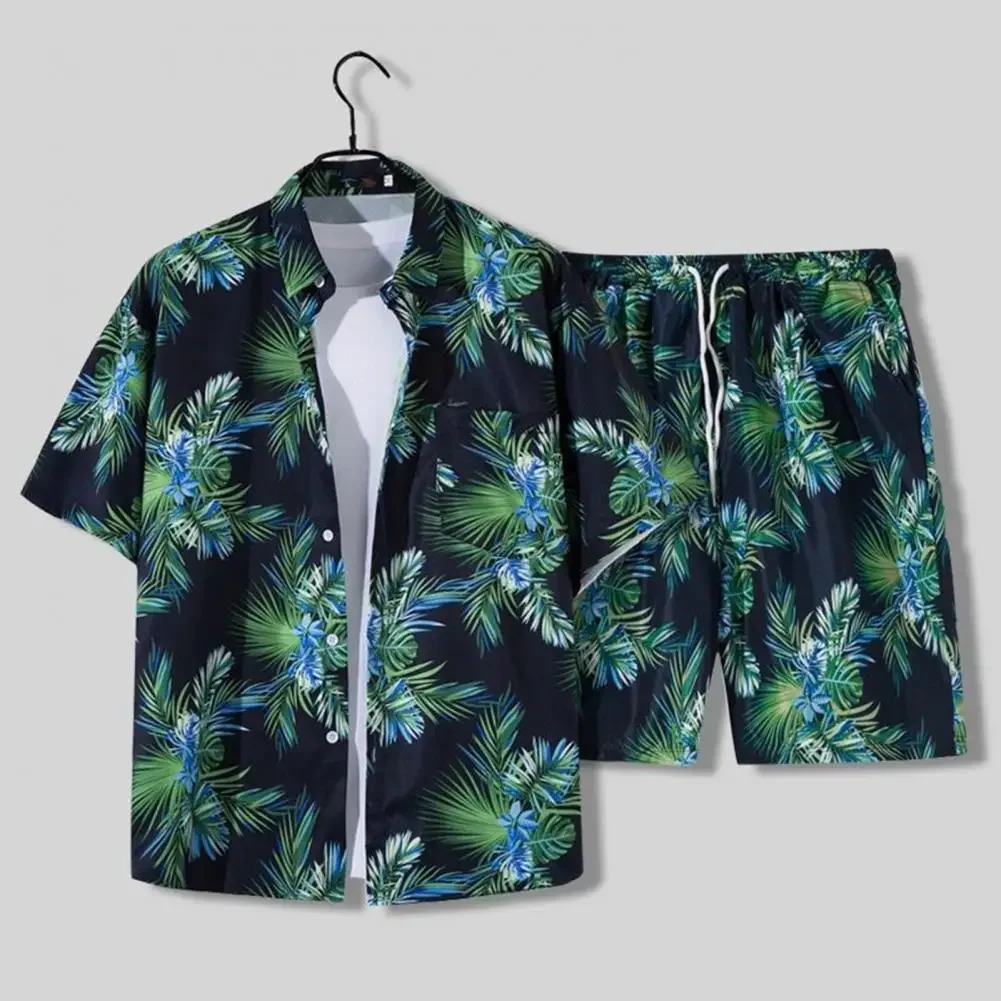 2Pcs/Set Lapel Short Sleeve Single Breasted Drawstring Pockets Men Tracksuit Coconut Tree Print Shirt Loose Shorts Sport Suit St 2pcs set o neck short sleeve pockets men summer outfit 3d stripe printing t shirt shorts set for daily life