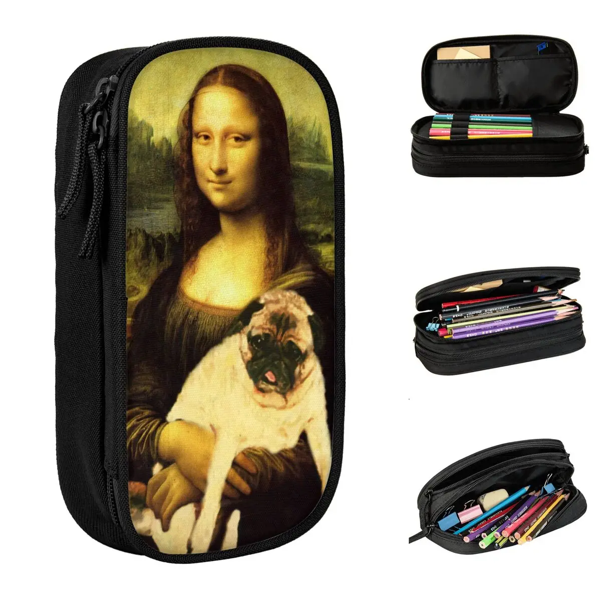 

MONA LISA PUG Pencil Case Lovely Pen Box Bags Girl Boy Big Capacity School Supplies Zipper Pencil Pouch