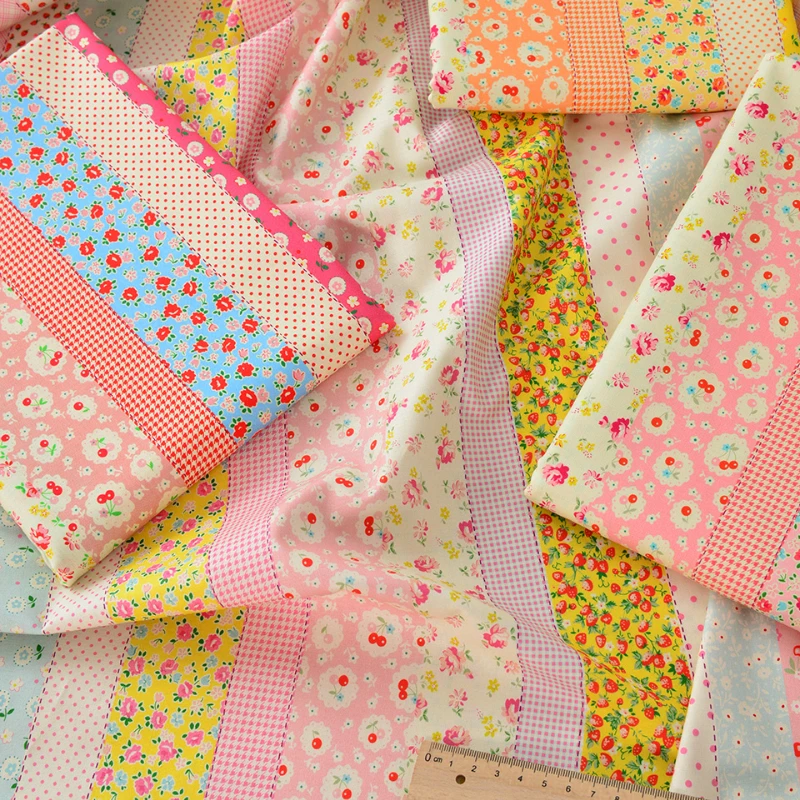 145x50cm Rural Style Strawberry Pink Cotton Fabric with Floral and Stripe Patterns for DIY Sewing Crafts