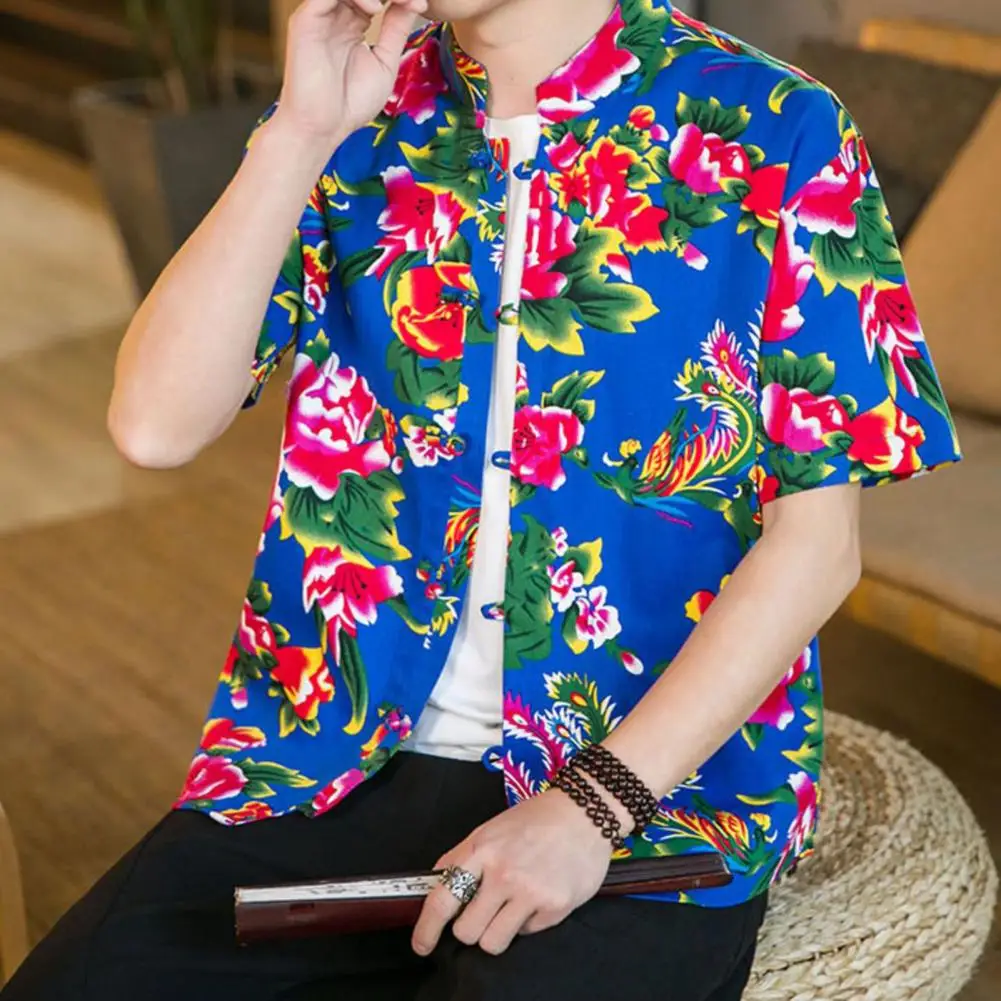 

Рубашка мужская с воротником-стойкой, винтажная блуза в китайском стиле, с короткими рукавами, с цветочным узором, в стиле ретро, на каждый день