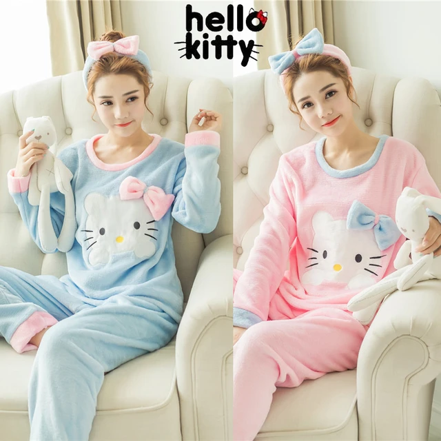 Hello Kitty pigiama donna caldo pigiama di flanella Set spesso manica lunga  pigiameria inverno femminile morbido