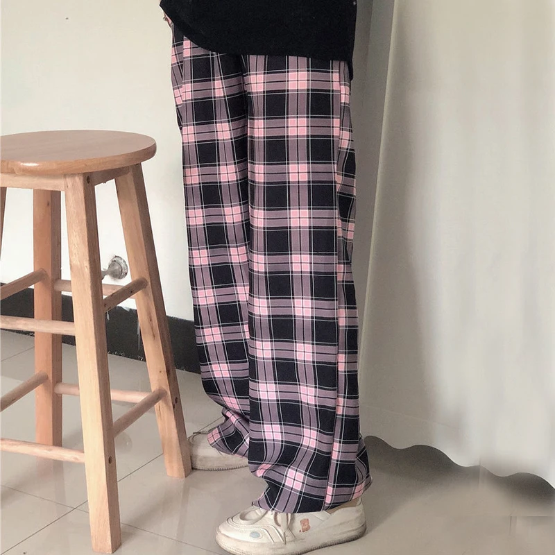 grey sweatpants Black and Pink Plaid Pants Oversize Women Pants High Waist Loose Wide Leg Trousers Ins Retro Teens Straight Trousers Streetwear trousers for women Pants & Capris