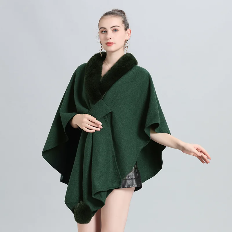 12 Colors Women Big Pendulum Faux Woolen Streetwear Cloak Winter Warm Shawl Cape Thick Fur Neck Criss-Cross Loose Poncho Coat