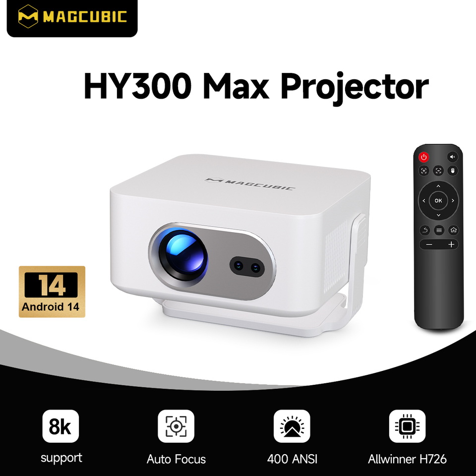 Magcubic Auto Focus Android 14 4K Projector 400ANSI 8K Native 720P HY300 Max With Wifi6 BT5.4 Allwinner H726 Portable Outdoor