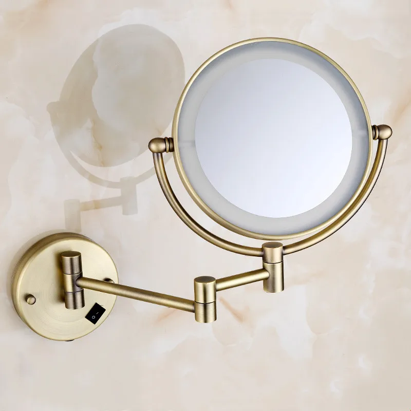 Brushed Gold LED Bathroom Mirrors Quality Brass Folding Magnifying Hotel Bathroom Makeup Mirror LED Light Bathroom Mirrors 6
