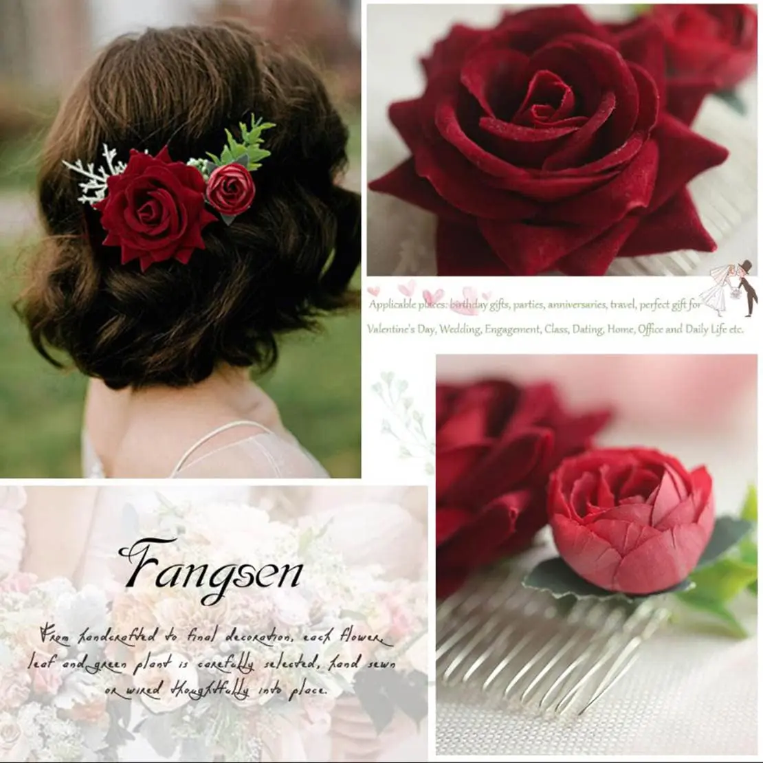 Handmade Velvet Rose Hair Comb Wedding Party Hair Accessory Bride Hairpiece artificial flower Rose Hairpin for Prom Banquet Even