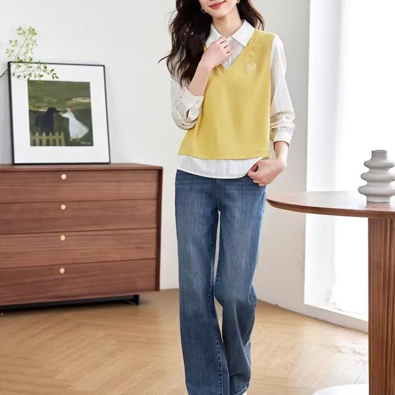 

2024 Women's Spring Turndown Collar New Combination Button Solid Color Academy Style Striped Shirt Combination Long Sleeved Tops
