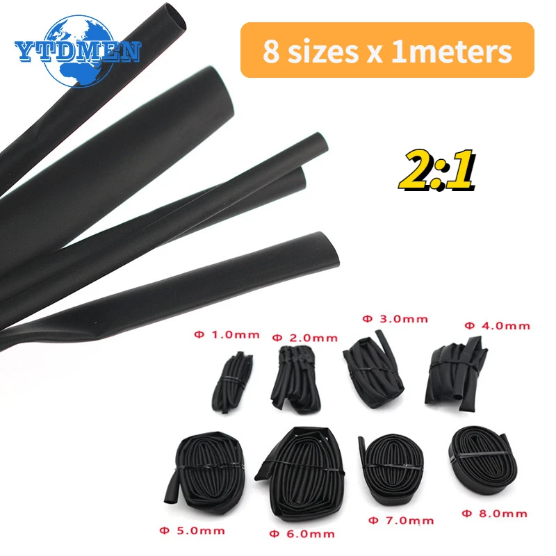 Heat Shrink Tubing 1/2/3/4/5/6/8mm 2:1 Black Shrink Wrapping Insulation Heat for Cables DIY Connector Repair 8 Meter/set