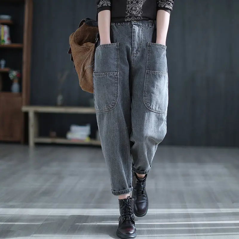 

2022 New Arrival Summer Women Pocket Patchwork Cotton Denim Ankle-length Pants Button Fly Waist Harem Pants Casual Jeans P501