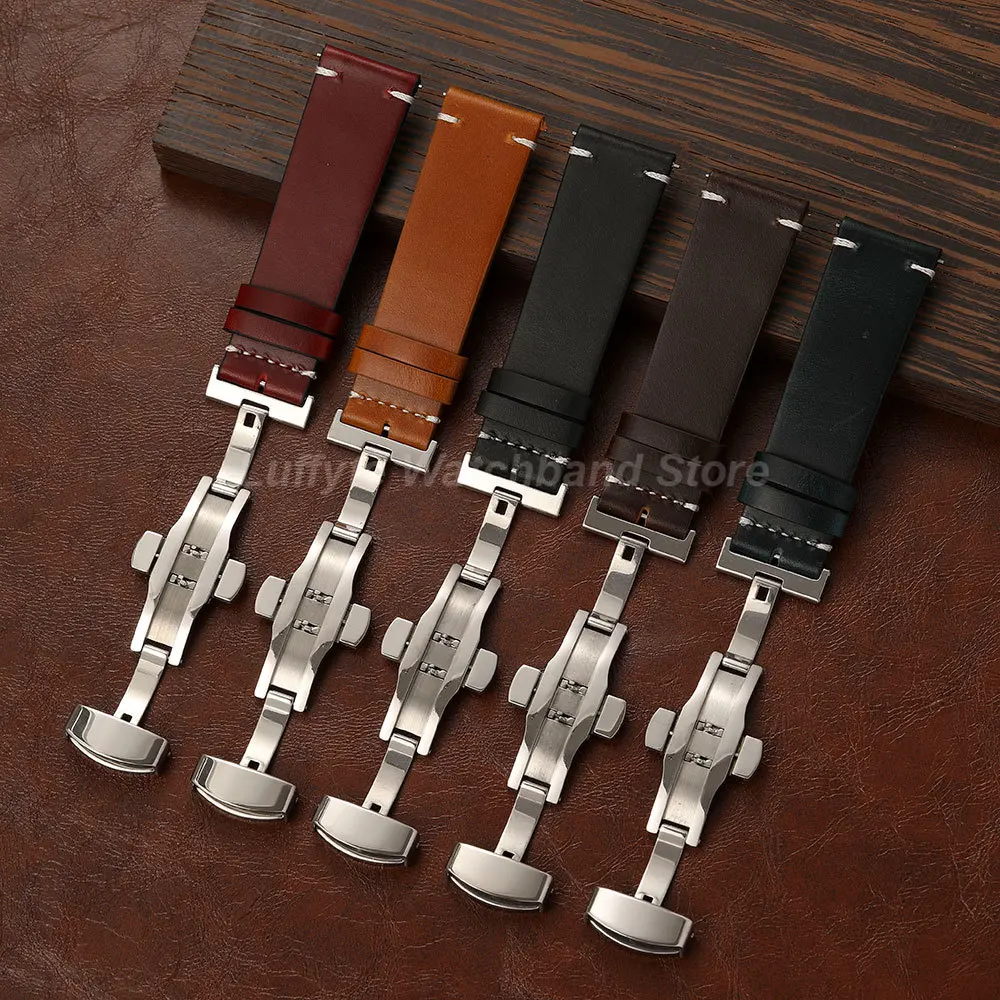 Men's Premium Oil Wax Leather Watch Band with Butterfly Buckle & Quick Release