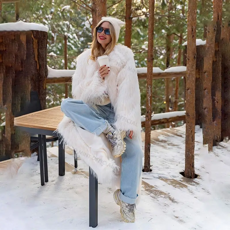 Long Eco Turkey Fur Coat Women Winter Luxury Fashion Tassels Faux Fur Jacket Thick Warm Fluffy Outerwear Overcoat