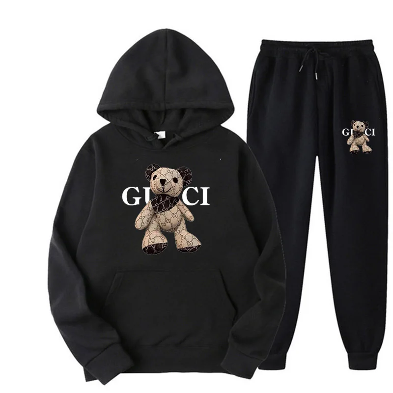 

2024 Women's Letter Print 2 Piece Outfits Teddy Bear Letter Print Kangaroo Pocket Tracksuit Set Long Sleeve Sweatshirt and Pants