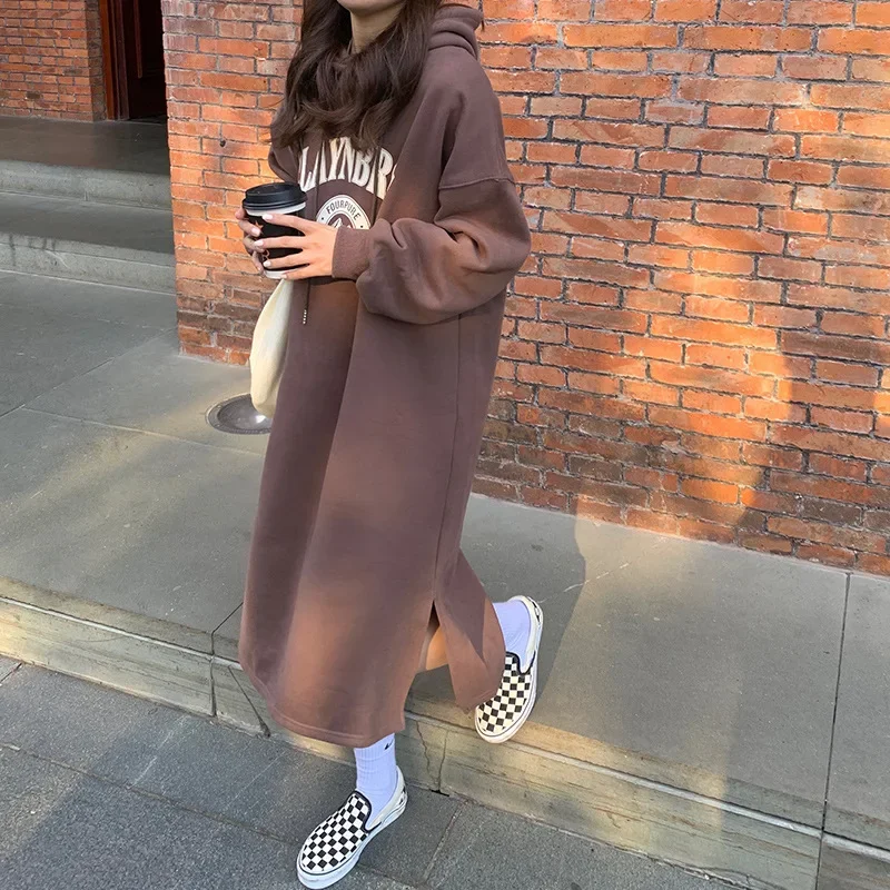 

Women Hooded Long Sleeve Dress Letter Printed Aesthetic Loose Mid Calf Dresses Elegant Korean Fashion Warm Vestido Y2k Maxi Robe