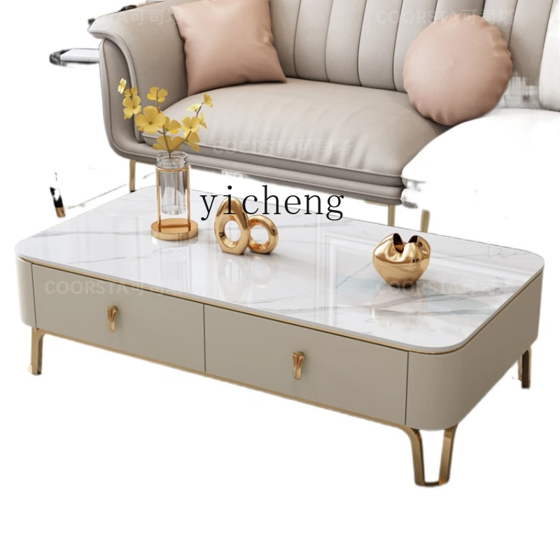 

ZC Coffee Table Living Room Home Rectangular Tea Table Villa Stainless Steel Stone Plate Coffee Table