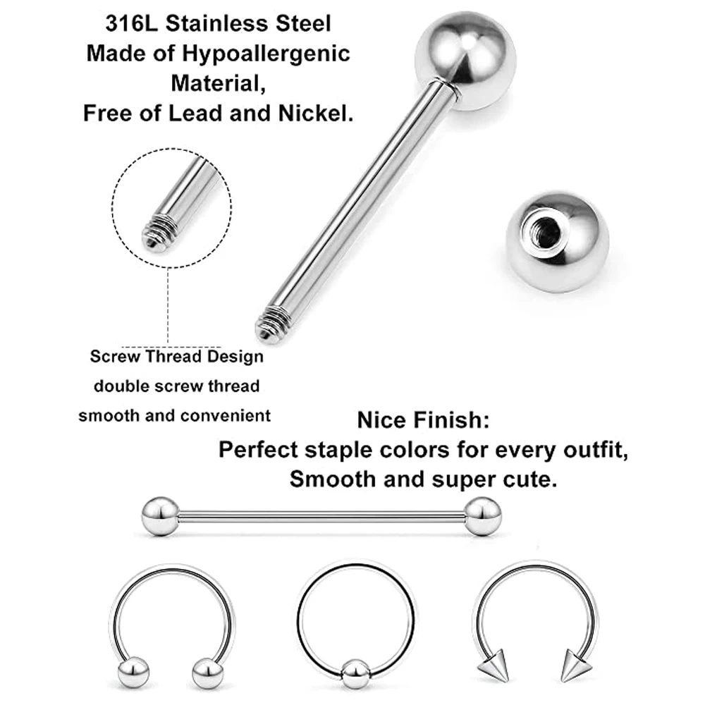 Body Piercing Kit WKOUD Piercing Kit Stainless Steel Eyebrow Rings Horseshoe Rin Industrial Piercing Jewelry Women Men 14G 16G Needles