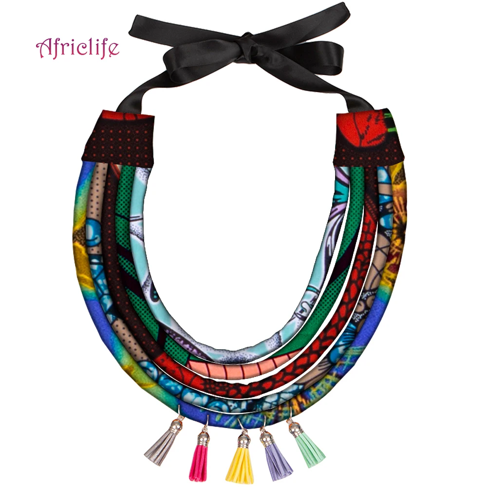 African Multi Color Tassels Necklace Handmade Fabric Ankara Multi Layered Rope Statement Necklace for Summer Holiday WYB12