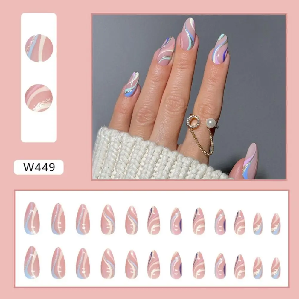 24pcs Long Almond Press-On False Nails - Colorful Wavy Flowers