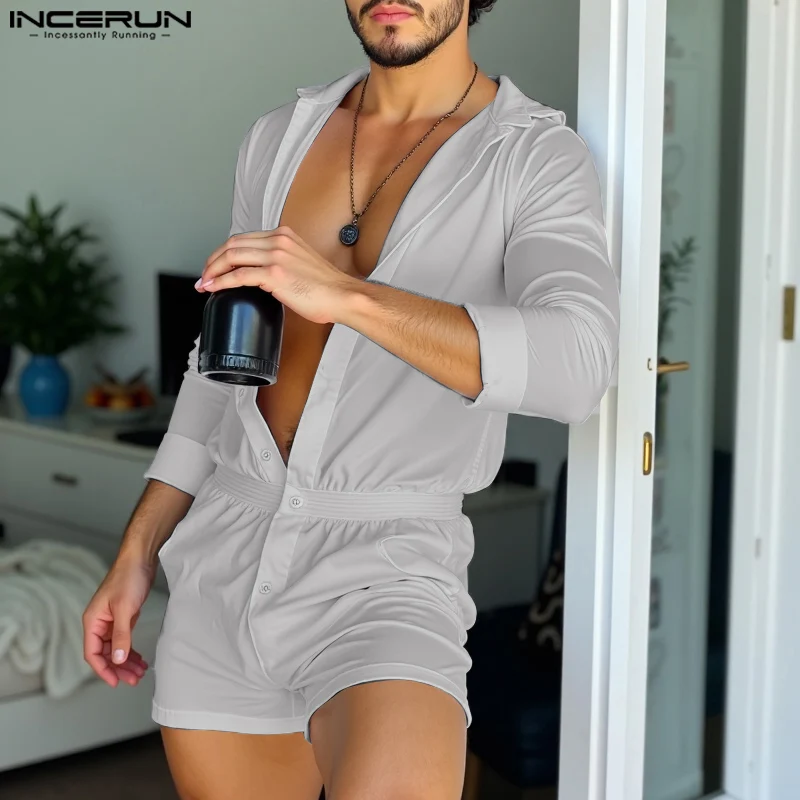 Turn Down Collar Buttons Comfortable Homewear INCERUN Men Well Fitting Long Sleeved Bodysuits Casual Fashion Loungewear