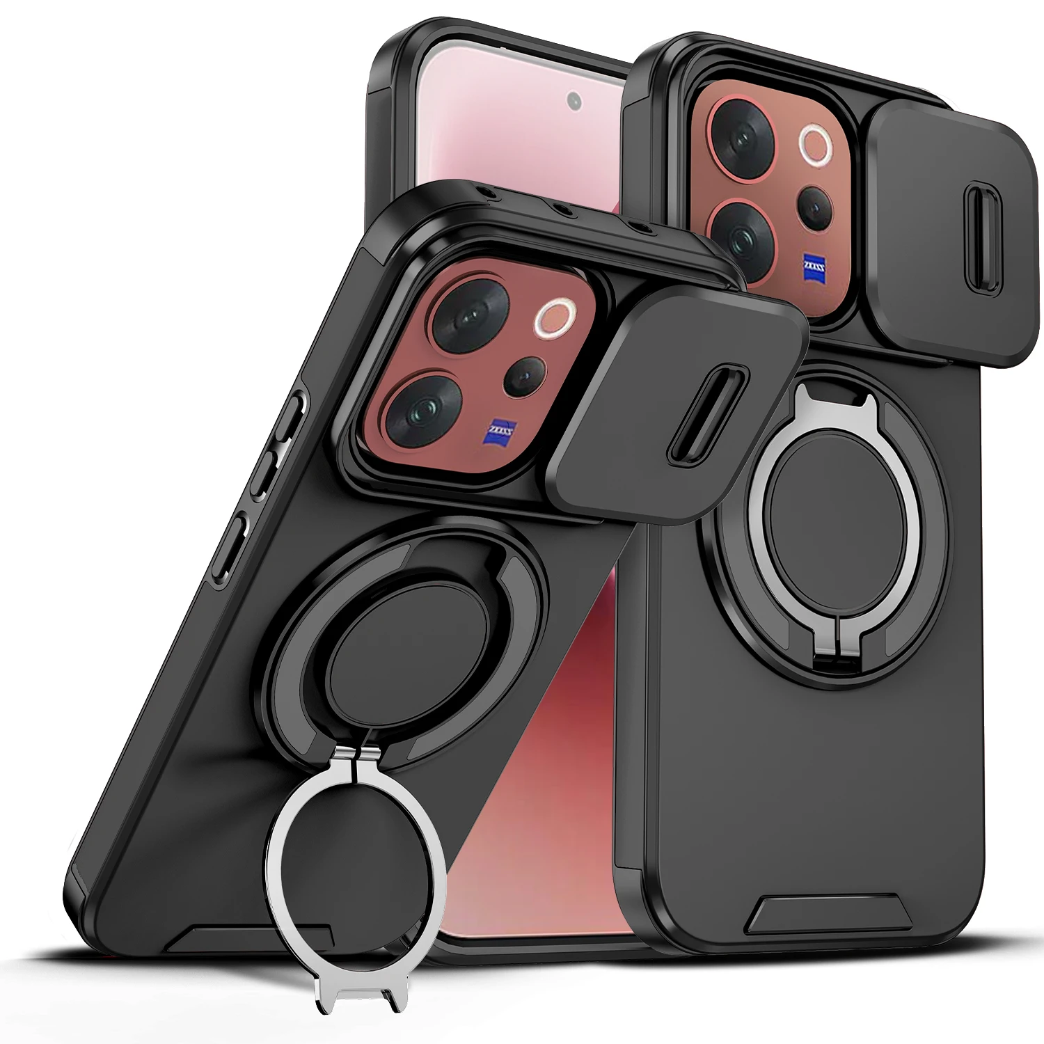 Vivo V70 Enhanced Armor Case with Slide Camera Lens Protector and Magnetic Ring Holder