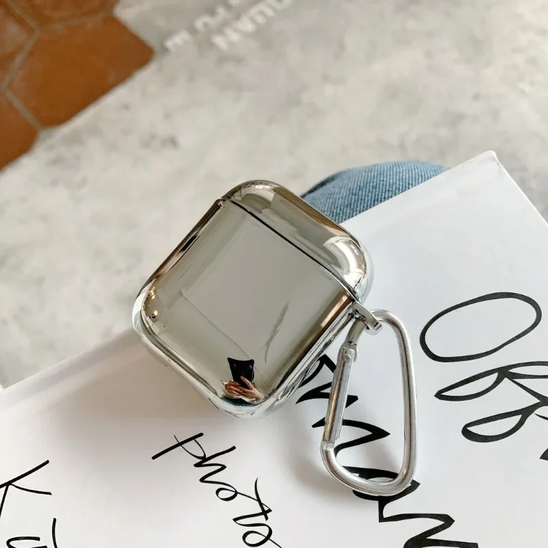 Suitable For Apple AirPods 1 2 3 4 Pro 3 2 Earphone Cover Protective Case Electroplated Mirror Simplicity Silver Case With Hook