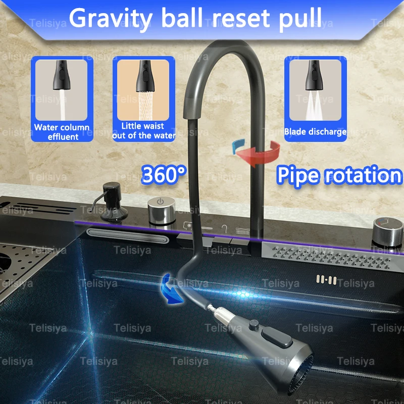 Stainless Steel Kitchen Sink with Trash Can Embossed Wash Basin with Waterfall Faucet Digital Display Large Single Solt 4