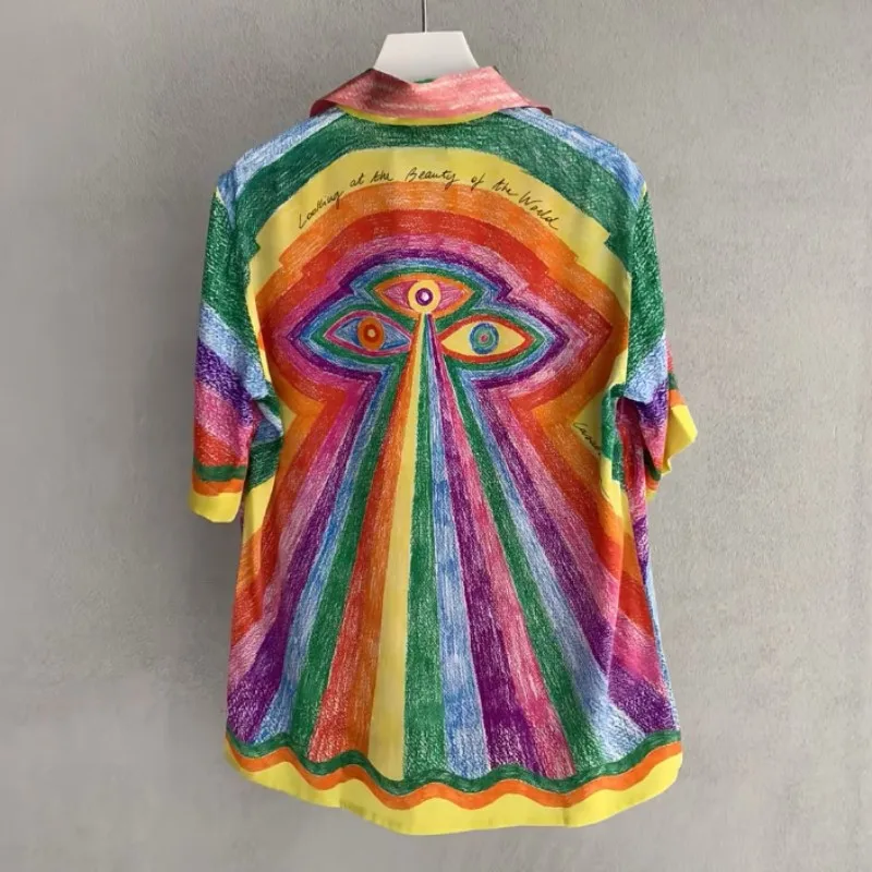 

Men Women Casablanca Shirts Colorful Hand-painted Rainbow Stripe Print Short Sleeve Hawaiian Shirt