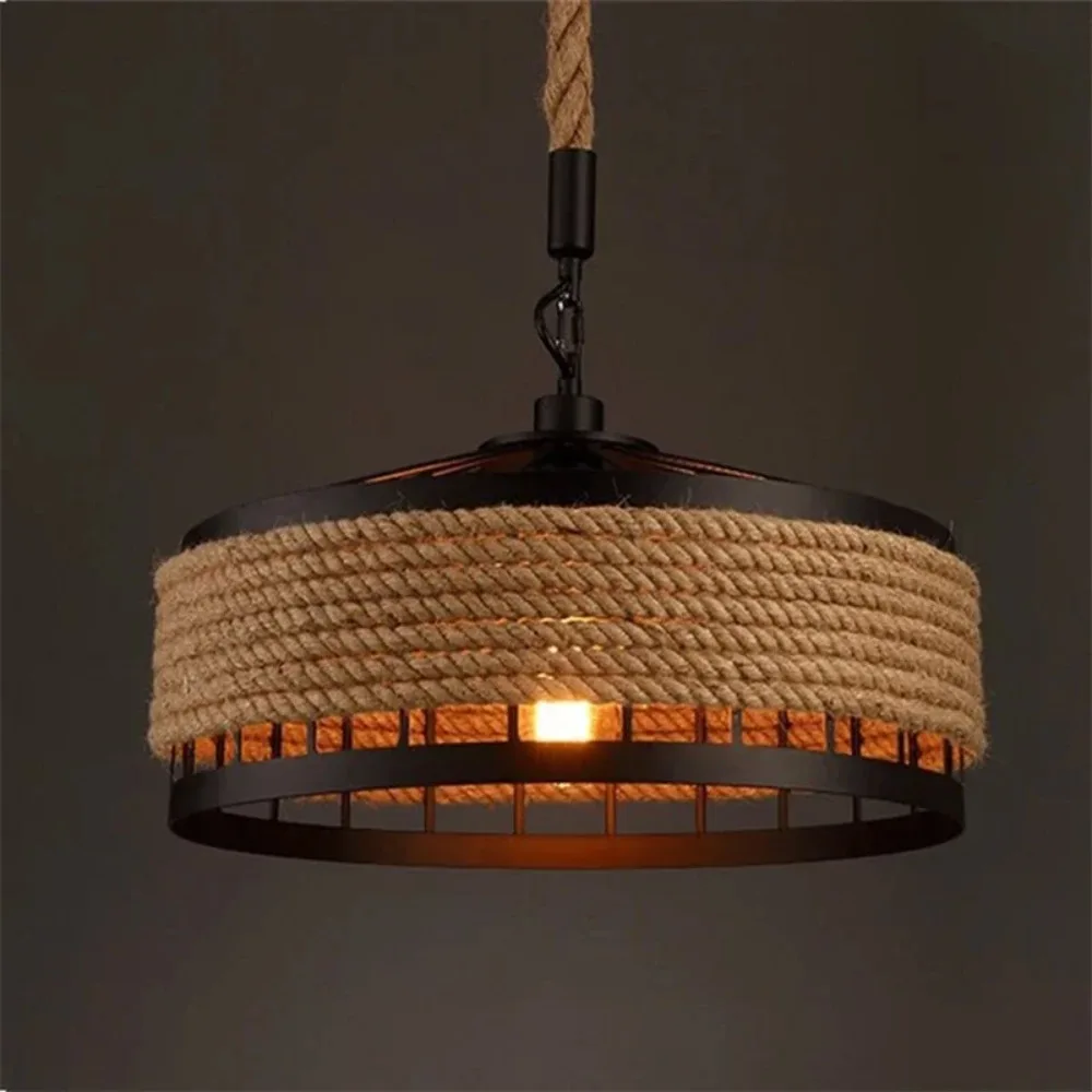 Retro Vintage Industrial Hemp Rope LED Ceiling Lamp, Home, Bar, Restaurant, Round Chandelier, Decorative Night Light, 30/40cm