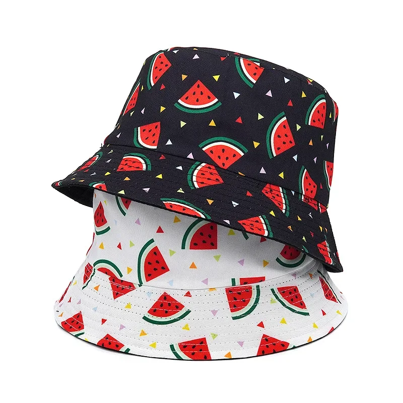 2024 Vintage Printed Fishing Hat Summer Fisherman Hat Reversible Watermelon  Bucket Hats for Women Men Street Hip Hop Bucket Cap